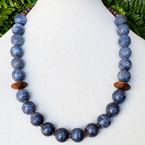 Denim Blue Coral Necklace with Copper Accents