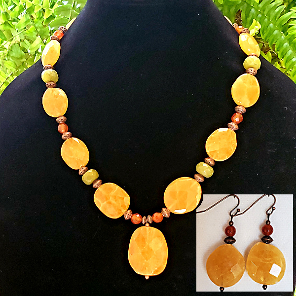 Golden Calcite Medallions with Serpentine, Carnelian and Copper Set w Earrings