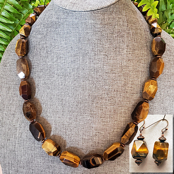 Faceted Tiger Eye and Copper Necklace with Earrings