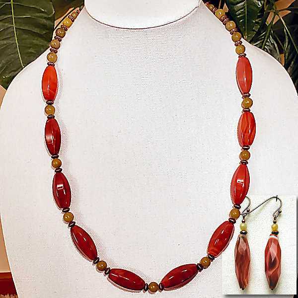 Long Carnelian Barrels with Serpentine and Copper Set