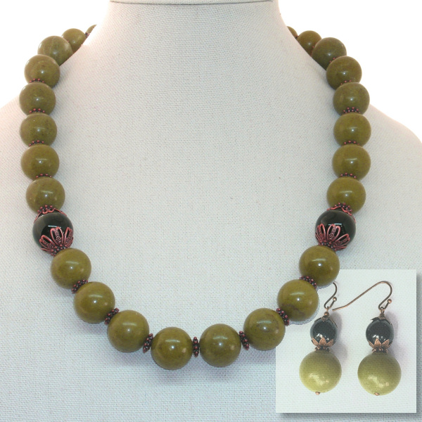 Olive Serpentine, Onyx and Copper Set with Earrings