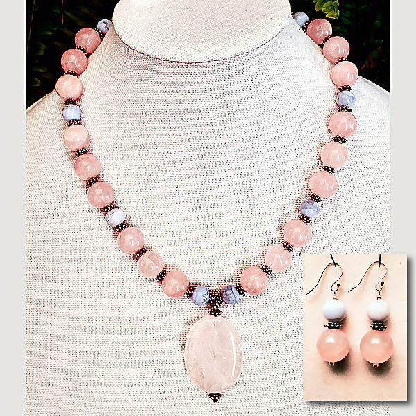 Rose Quartz with Focal, Blue Lace Agate and Silver set with Earrings
