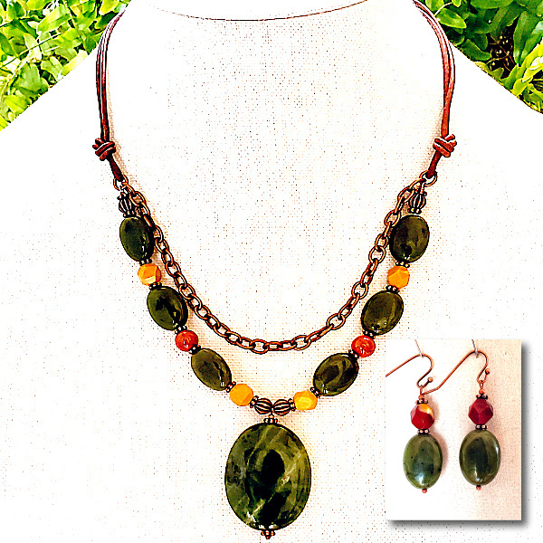 Dark Green Focal with Jasper and Copper Chain with Leather Tethers Set